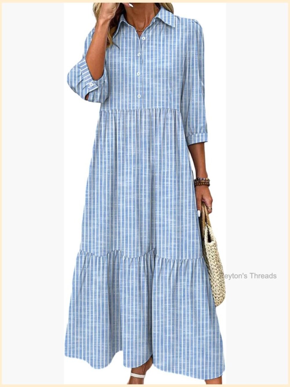 Striped Shirt Maxi Dress with Pockets 3/4 Sleeve V-Neck - Picture 1 of 7